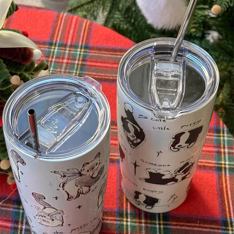 Cute Cat Tumbler Thermal Cup For Coffee Tea Beer Juice 550ml Kawaii Sainless Steel Thermos With Straw Car Cup Water Bottle Gift