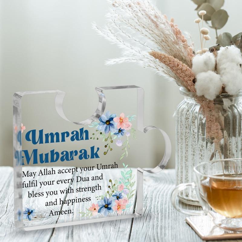 2D Flat "Umrah Mubarak" Acrylic Desk Decor Plaque, Floral Design, Suitable for Wall Decoration, Porch, Room, Villa, Accents Home, Hallway, or Workplac