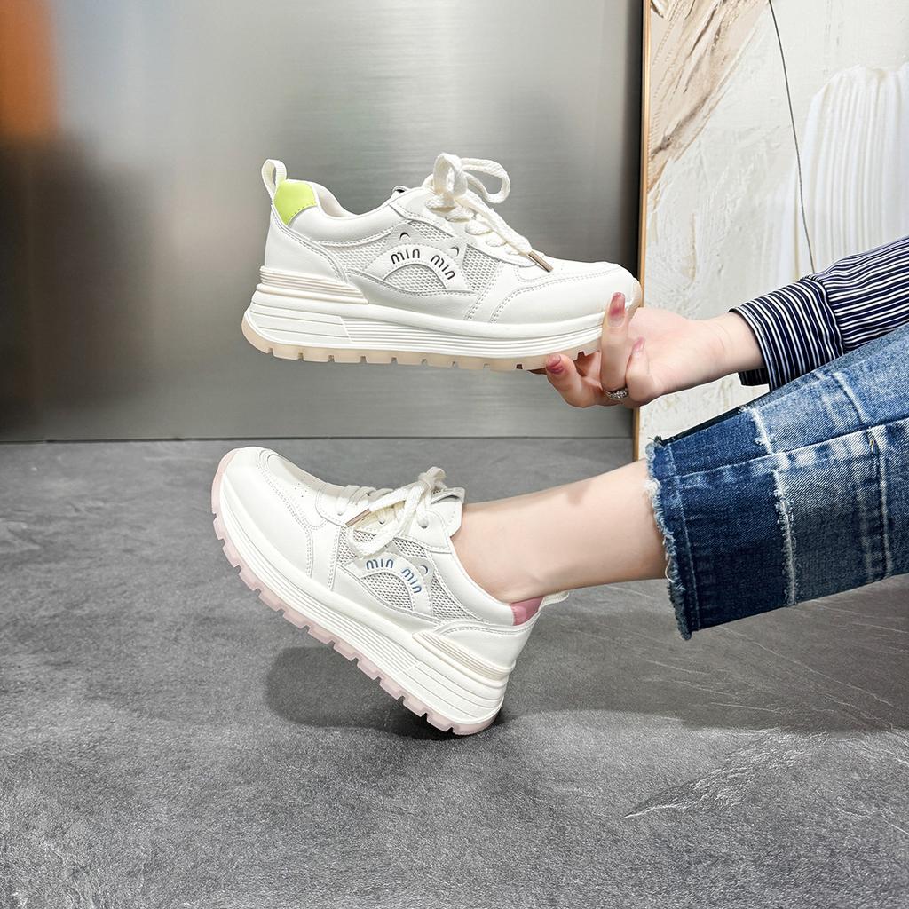 Little White Shoes Women's Lace-up Candy Color Platform Sneakers Color Matching Mesh Casual Shoes