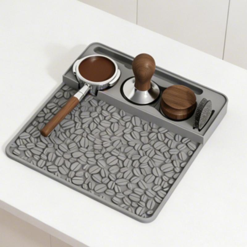 Silicone Coffee Tamping Pad with Textured Work Area, Recessed Tool Holders, Coffee Bean Pattern, and Loose Grounds Control for Brewing