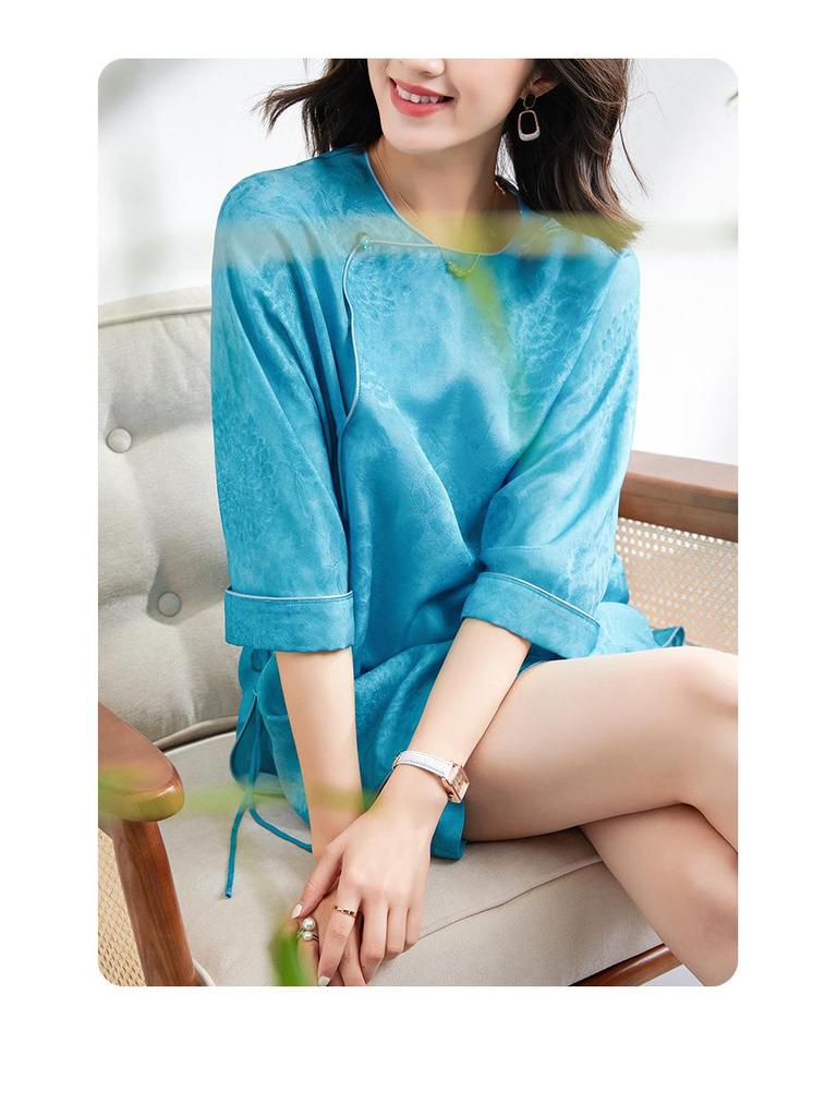 Women's High-End Chinese Style 100% Pure Mulberry Silk Ribbed Jacquard Top & Pants Set