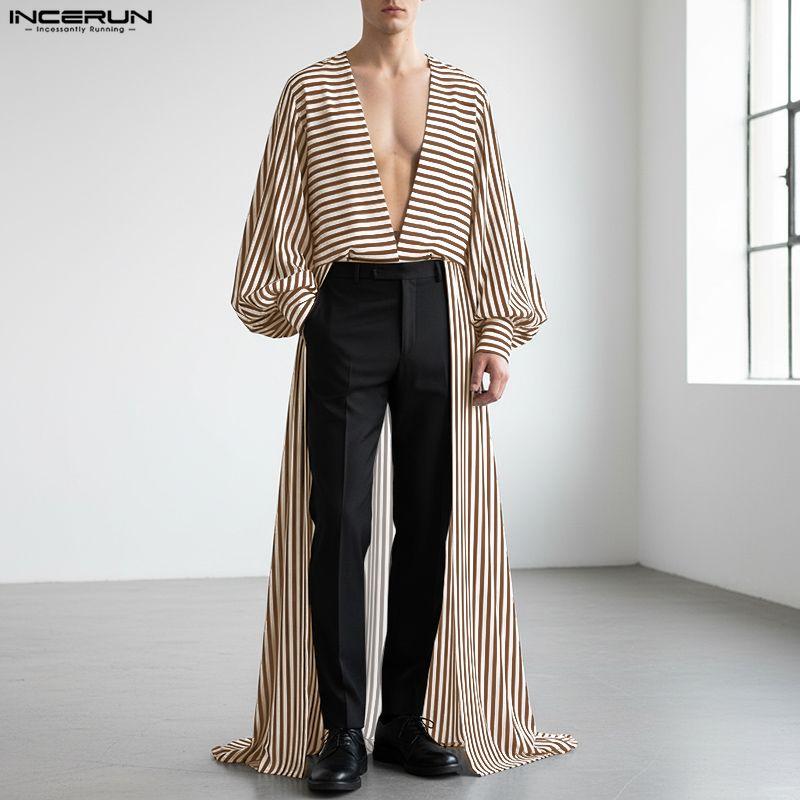 INCERUN Spring Men Neck Long Sleeve Striped Irregular Casual Long Cardigan Shirts Tops