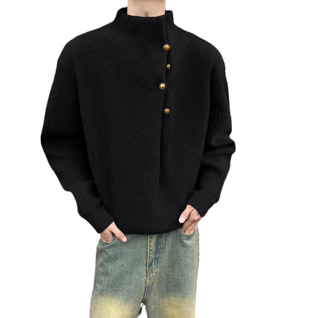 Men's Korean Style High Neck Sweater with Irregular Button Design – Trendy Oversized Knitwear