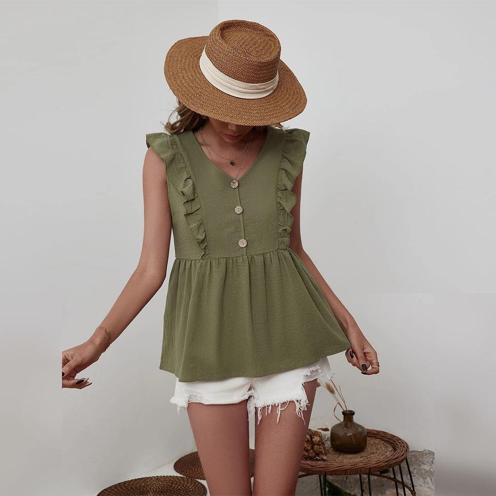 Women's Loose Casual Ruffle V-Neck Sleeveless Lady Shirt Vest Top