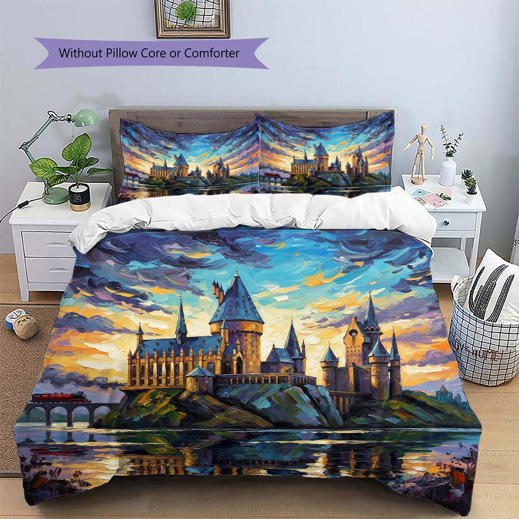 Oil Painting Style Castle Pattern Bedding Quilt Set Home Decoration Gift (1 * duvet cover + 2 * pillowcase without core)