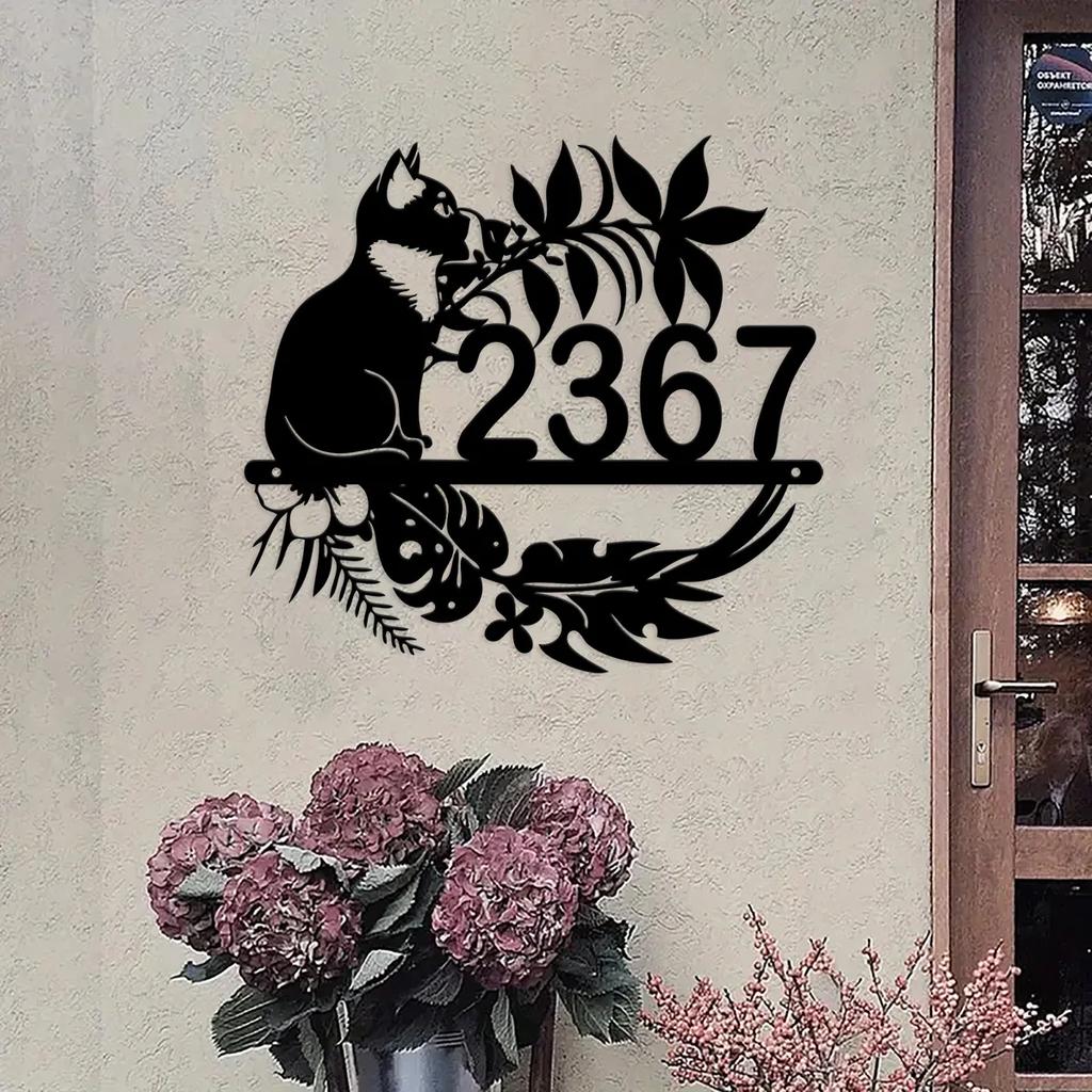 Metal Cat Address Sign, House Number Plaque, Outdoor Decor, Cat Lover Gift