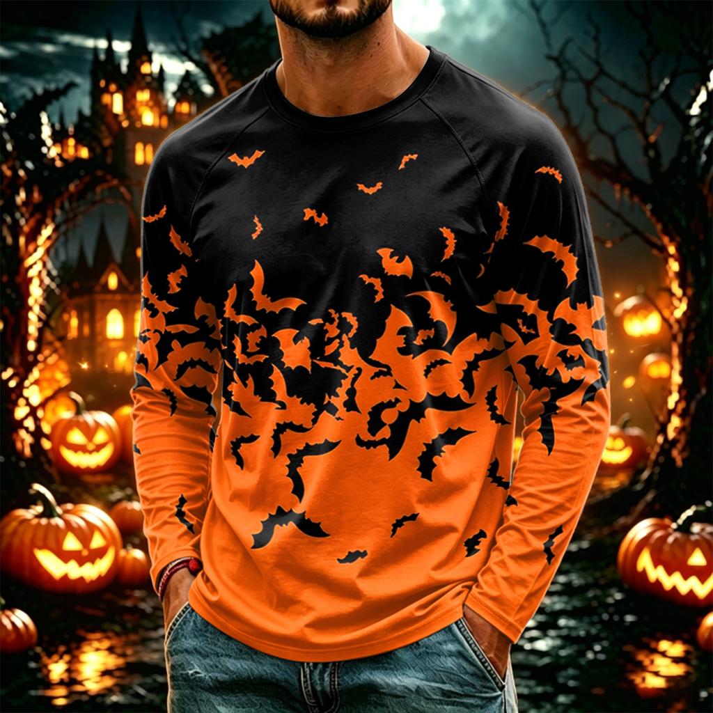 Men's Casual Halloween Print Neck Long Sleeve T-Shirt Lightweight for Daily Wear