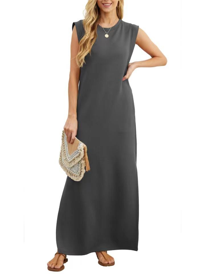 European and American new women's summer casual solid color round neck sleeveless loose long dress