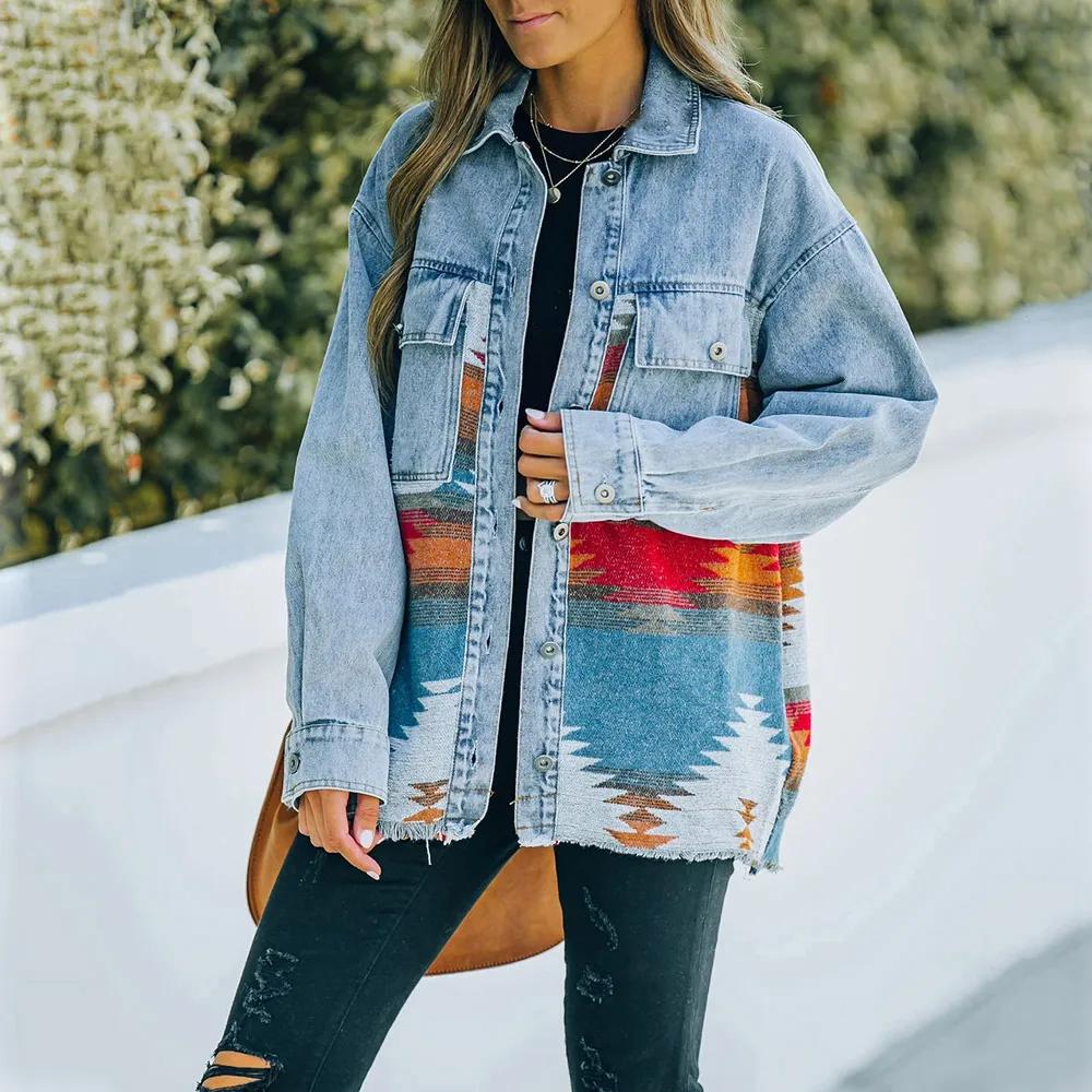 

WomenAutumn Denim Patchwork Woolen Coat Retro Furred Mid-length Jacket Women Denim Jacket Women M