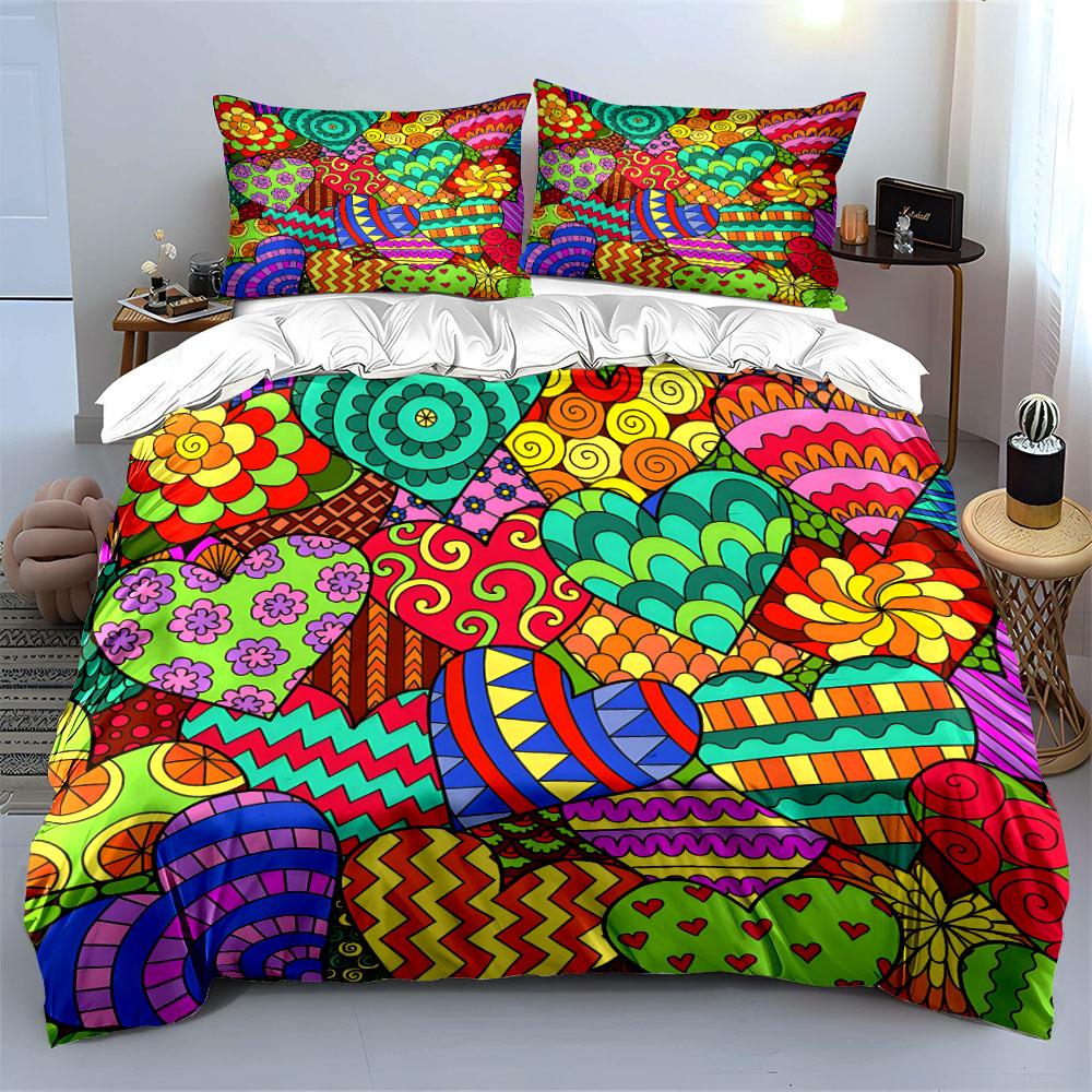 Colorful Heart Pattern Set Multiple Sizes Kid'S And Adults' Bedroom Exquisite 3Pc Bedding Set, Gift