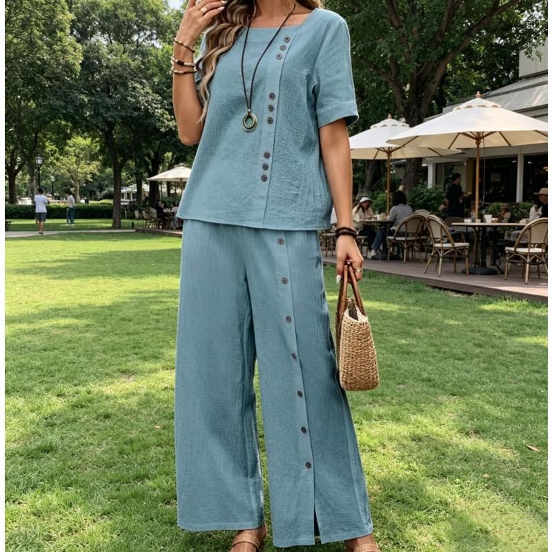 Fashion Casual Loose Two-piece Short-sleeved Top and Loose Wide-leg Pants for Women