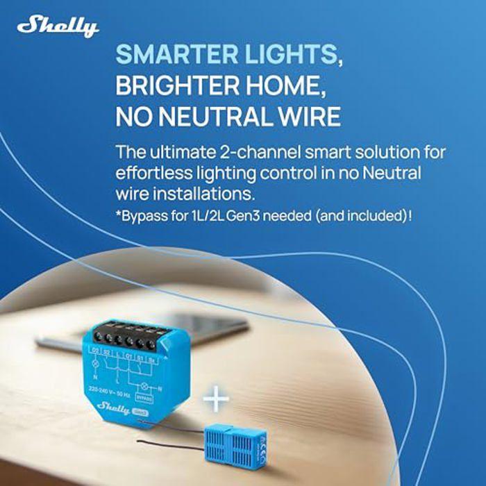 Smarter Schalter - Shelly - 2L Gen3 - 2 Kanäle 200-700 W - Kein Neutralleiter erforderlich - Bypass enthalten