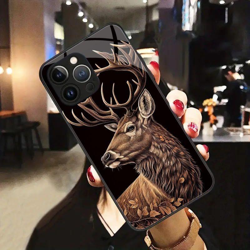 Cute Brown Deer Pattern Tempered Glass Black Phone Case For Samsung Galaxy S25 S24 S23 Ultra Plus FE Shockproof Cover