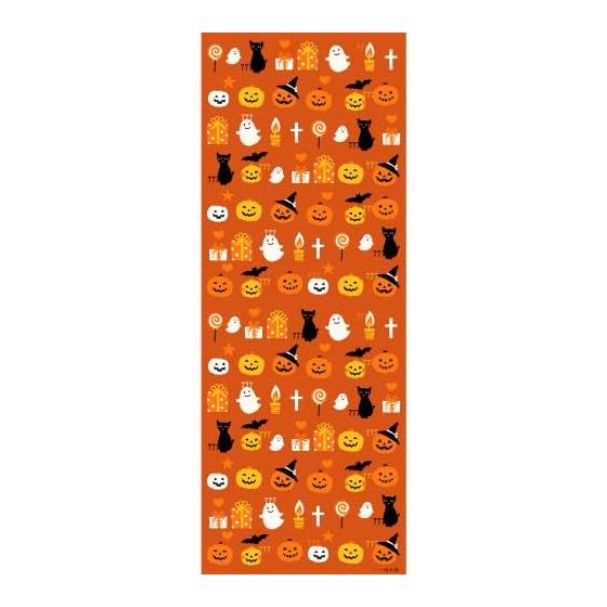 Hamamonyo Tenugui Towel - Lucky Halloween (Orange) - Featuring Jack-o'-lantern, Ghosts, and Black Cats - Classic Halloween Motifs - Vibrant Orange -