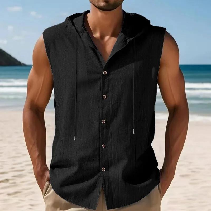 Summer Loose Casual Tank Tops Men American Style Linen Hooded Sleeveless Shirt Hip Hop Trendy Top Comfortable Breathable Vests