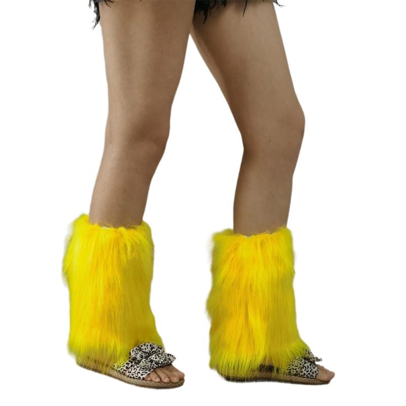 Fuzzy Boot Cuffs Leg Warmer for Women Girl Aesthetic Vintage Solid Color Bright Yellow Plush Leg Cover Knee Length Socks