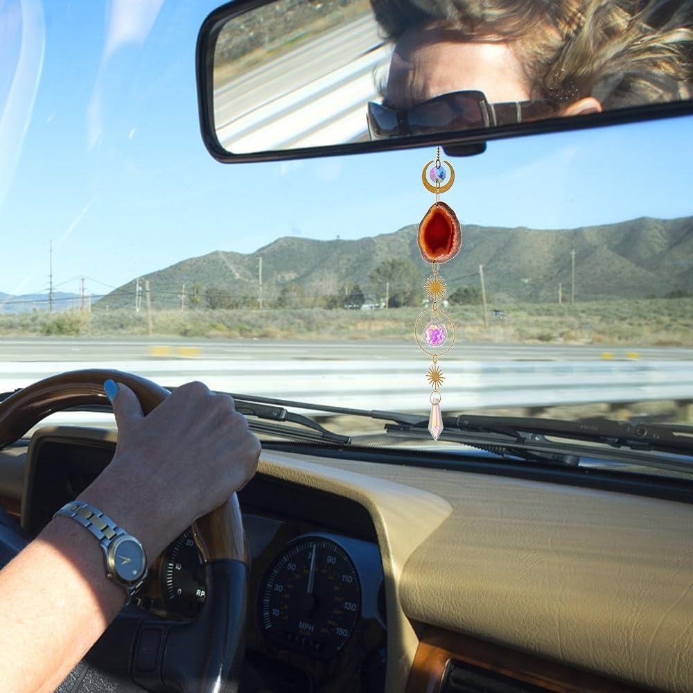 Agate Car Hanging Ornament, Swinging Rear View Mirror Pendant Crystal Car Interior Decorations for Men Women Car Office Room