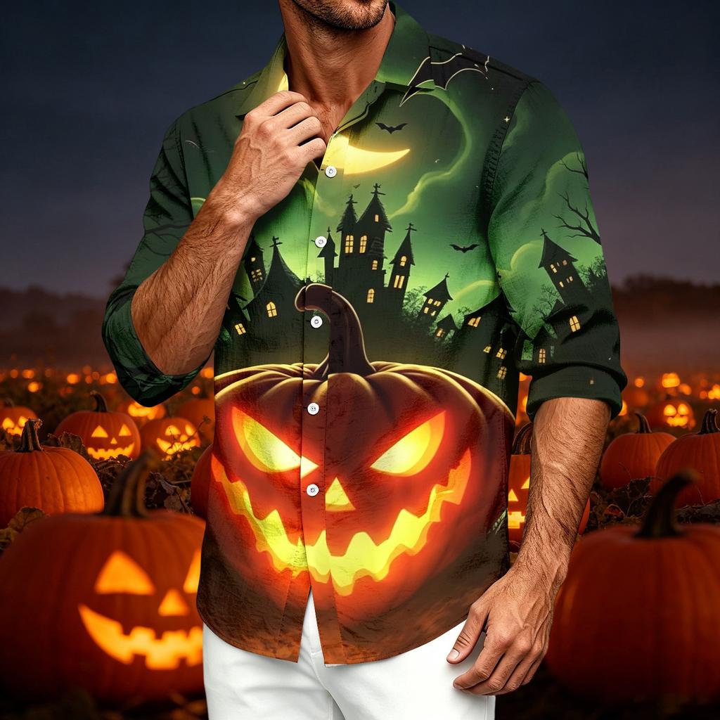 Men's Casual Long Sleeve Shirt with Halloween Print for Spring Fall