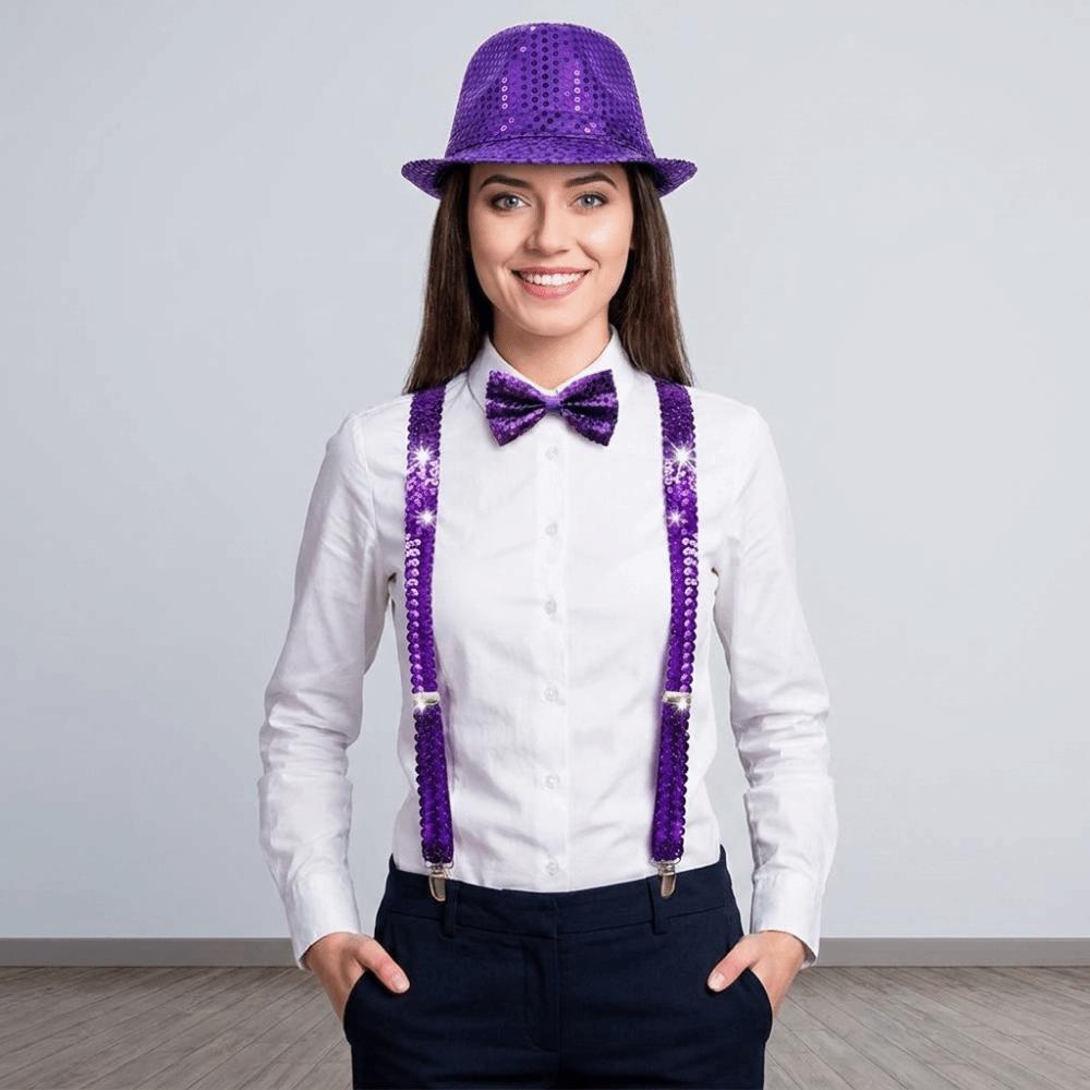 Performance Sequined Hat Solid Color Suspenders Fashion Performance Props Set  Christmas