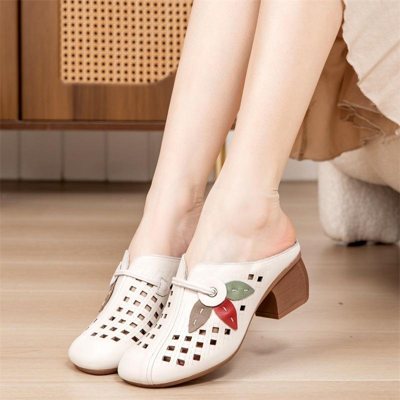 Summer sandals women's leather thick high heels flower old mother wearing bag head women's slippers