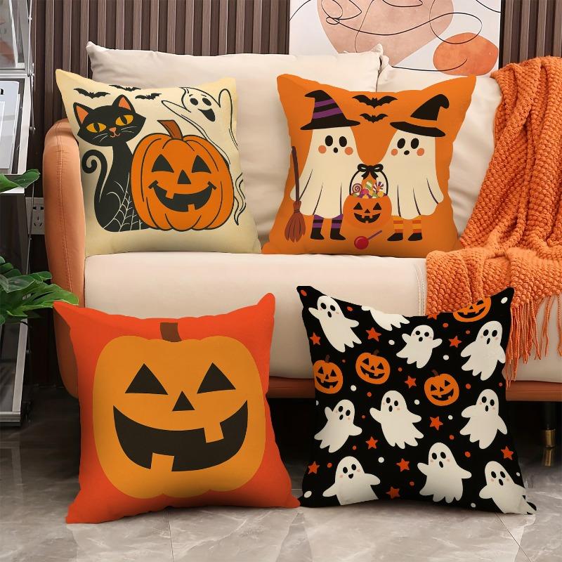 4pcs Halloween Pillow Covers with Printed Patterns of Cats, Bats & Ghosts, Soft Comfortable Square Throw Cover for Living Room Sofa Bedroom Car Office