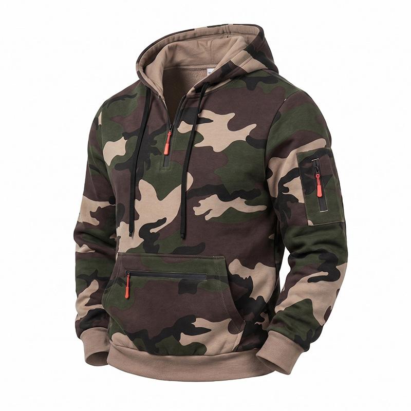 Men's Camouflage Half Zip Hoodie, Long Sleeve Drawstring Hooded Sweatshirt with Zipper Pockets, Casual Tactical Streetwear Pullover for Men