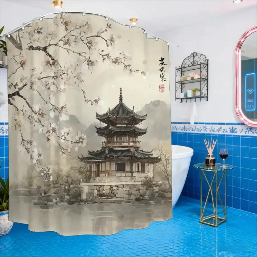 

1Pc Of Bathroom Shower Curtain, Cherry Blossom Season Outdoor Sketch, Ink Wash Painting Festival Shower Curtain, Includes 12 H W60H190(CM)-1 Pcs