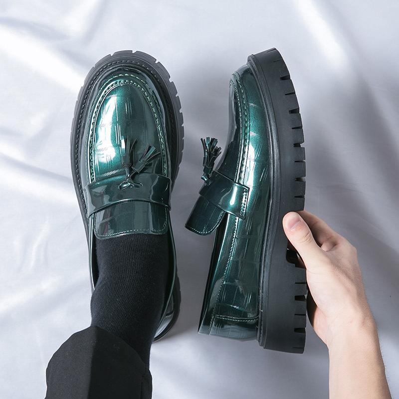 Brand Thick Bottom Green Outdoor Shoes Outsole Patent Leather Work Shoes Casual Tassel Oxford Shoes Slip On Big Size 38-46