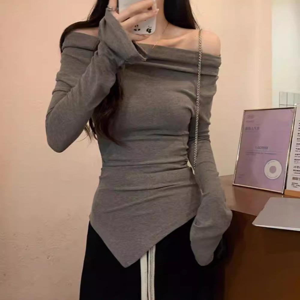 

Приталенная футболка с длинным рукавом, шикарные футболки женские, мода Y2k, косое плечо, пуловер, уличная одежда XL серый