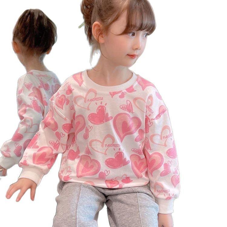 Girls Spring Autumn Cotton Heart Sweatshirt Soft Casual Pullover Top For Kids