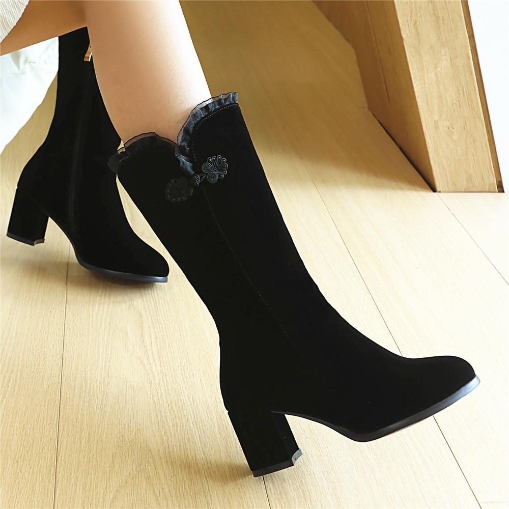 Fashion Elegant Flock Mid-calf Boots Women Shoes Woman Fashion Mid Heels Winter Lace Party Boots Black Red Bottine Mujer Large Size33-43
