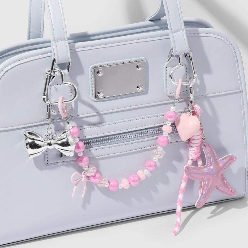 Stylish Beaded PU Leather Lace Bows Bag Charm Elegant Handbag Accessory Bags Keychain Holder For Women Girls