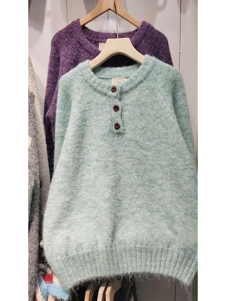 Sweter damski z miękkiej dzianiny koreańskiej z okrągłym dekoltem i częściowym rozpięciem - Przytulny styl jesienno-zimowy