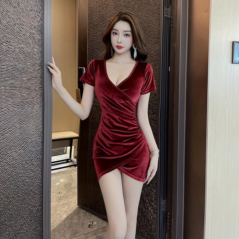 

Korean Style Velvet Deep V-Neck Black Bodycon Dress XXL вина червоного кольору