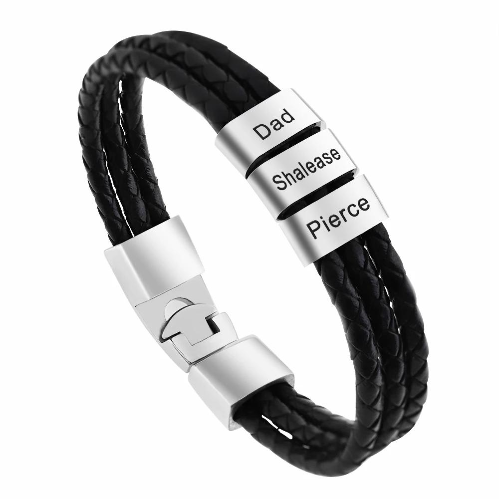 Personalized Names Men Leather Bracelet Father s day Gift Customized gift for husband father Steel color19cm