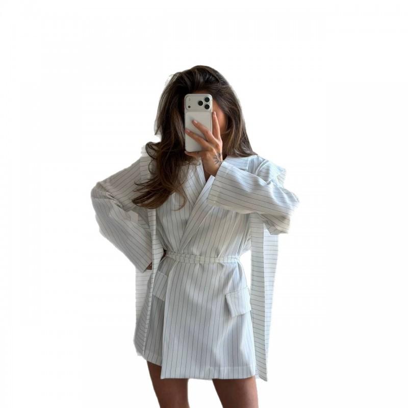 Womens Long Sleeve Striped Blazer Coat 2026 Fall Loose Fit Belted Wide Shoulder Office Chic Outwear