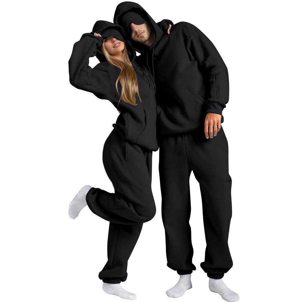 Unisex Fashion Solid Color Flight Mode Travel Hoodie Sports Shirt With Built In Eye Mask Sports Pants Loose 2-piece Set