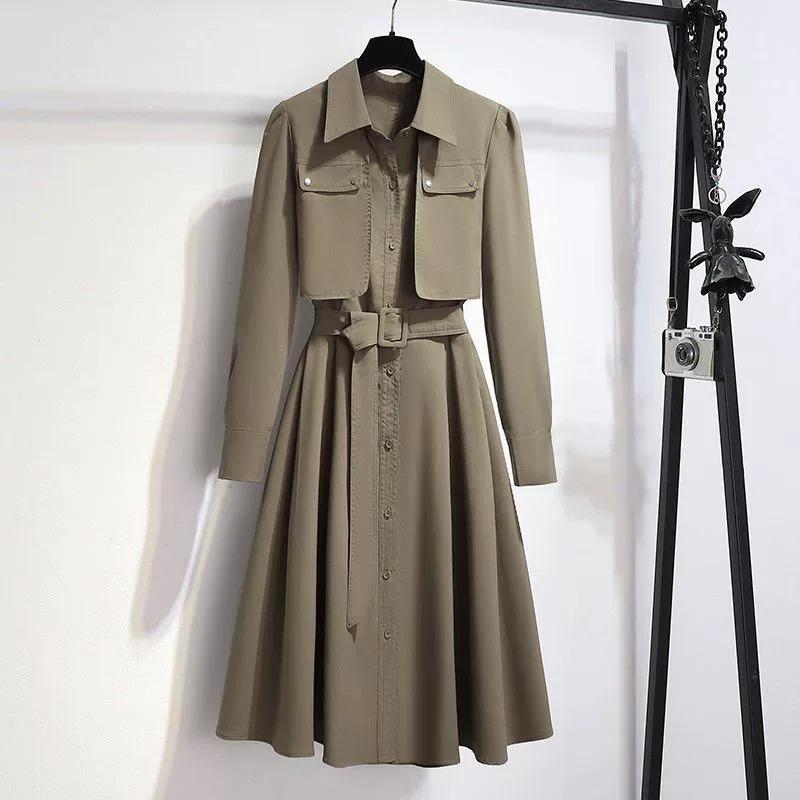 

Дизайн платья-рубашки Осень Все в одном Мода Темперамент Воротник Ложная тонкая юбка M темно-зеленого