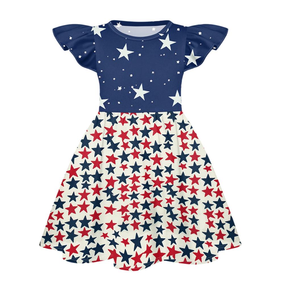 Meisjes Jurk met Ruches Mouwen Onafhankelijkheidsdag Genaaid Sterrenprint Casual Feestjurk Lichtgewicht Zachte Stof Zomerjurk voor Kinderen