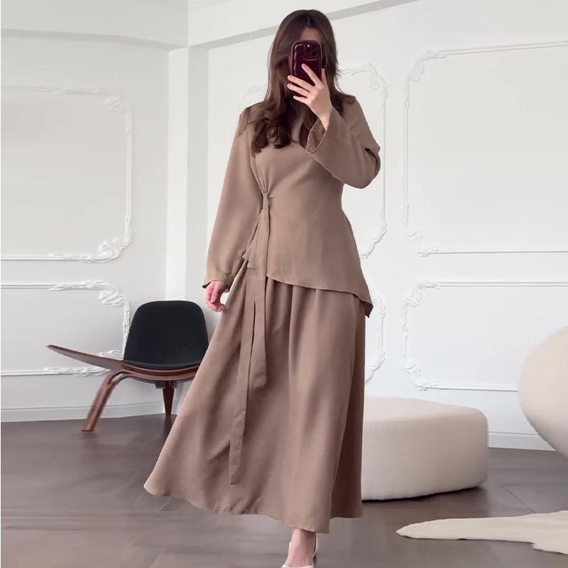2024 Autumn Women's Solid Color Lace-Up Waist-Gathering Long Dress Set - European and American Casual Style