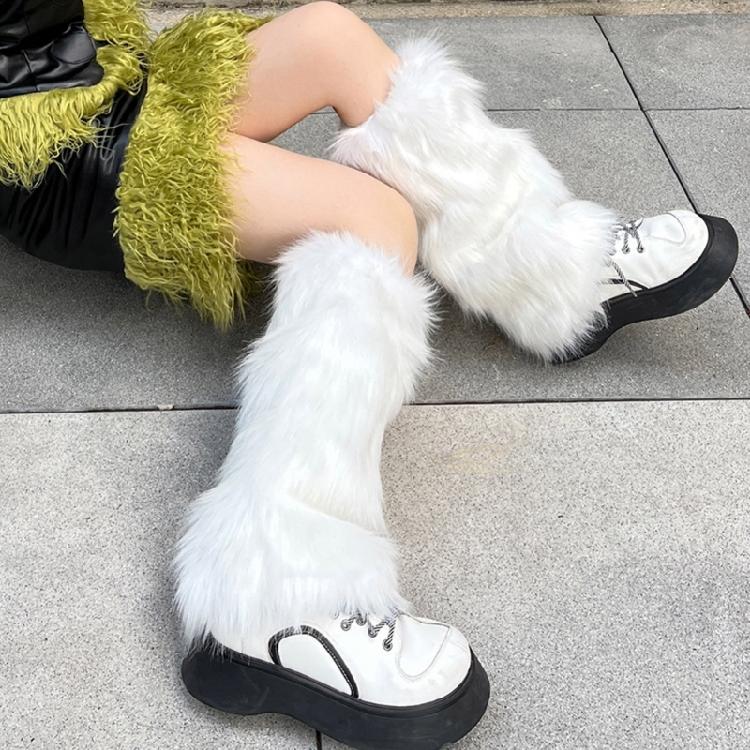 Damskie Zimowe Gładkie Futrzane Ocieplacze na Nogi Skarpety Harajuku Gotyckie Legginsy Mankiety do Butów