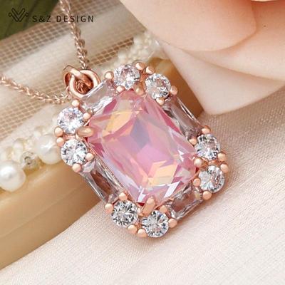 Fashion Rectangle Crystal Pendant Necklace For Women Rose Gold Color Wedding Cubic Zirconia Jewelry Gift