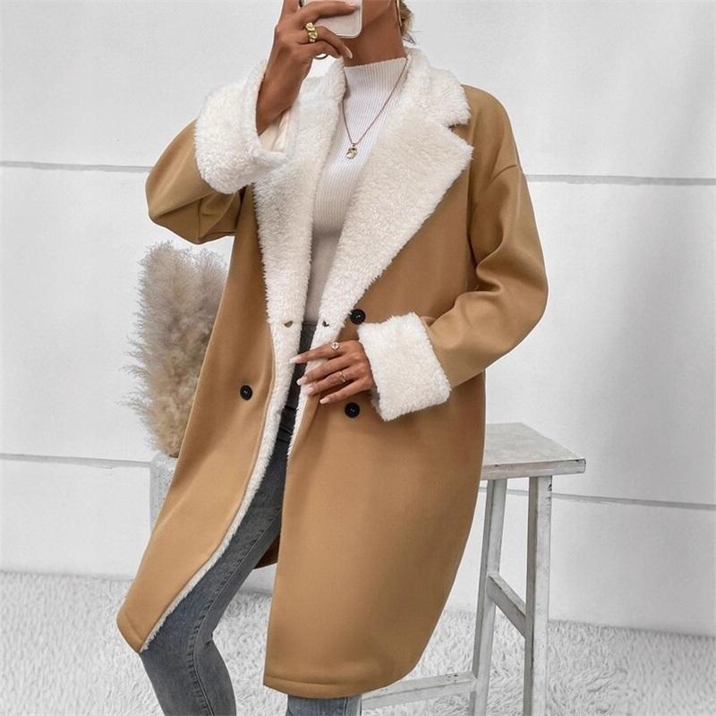Winter New Suede Shearling Spliced Mid-Length Coat Loose Double Breasted Thick Warm Overcoat