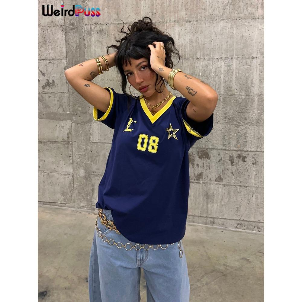 Casual Letter Print T-Shirt Women Patchwork V-Neck Shorts Sleeve Sporty Elastic Loose Wild Tops Fashion Street Tees XXS