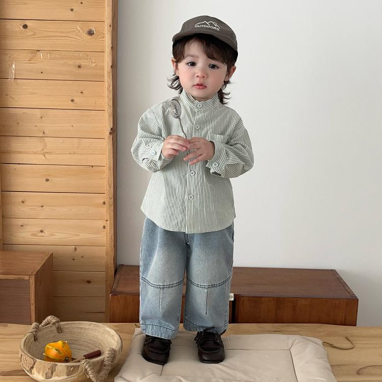 Temperament Baby Autumn Suit Baby Foreign Striped Stand-Up Collar Shirt Loose Straight Jeans Children'S Clothing