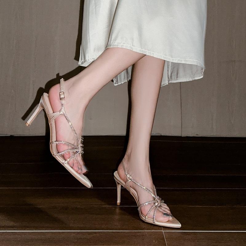 ~ Summer rhinestone chain sandals women's wear thin heels open-toed temperament thin strap high heels