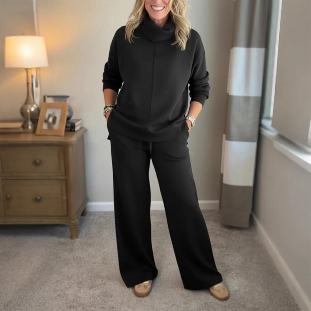 Women's Fashion Solid Color High Neck Long Sleeved Hem Slit Sweatshirt Top Casual Sweatpants Two-piece Set