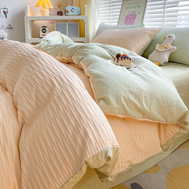 Seersucker Bedding Sets Solid Color Washed Cotton Microfiber Duvet Cover Flat Sheet Pillowcases Soft Bed Linen For Girls