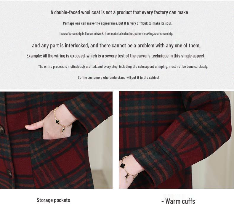 Women's Red Plaid Wool Coat - Korean Style, Autumn/Winter 2025, Double-Sided for Middle-Aged and Elderly