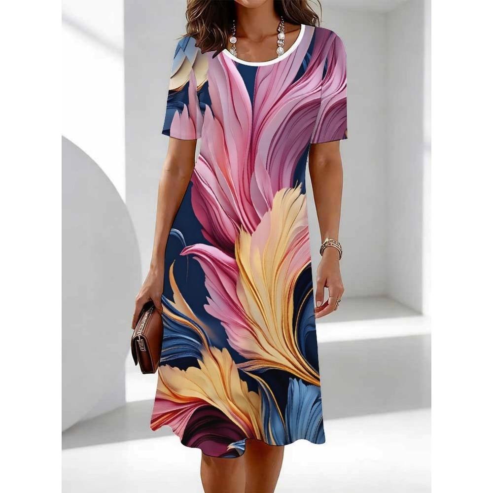 3D Color Tie-Dye Gradient Printed Dress, Summer Short Sleeve Round Neck Casual Mini Dress